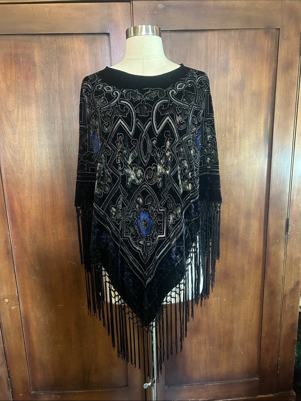 Vintage Black Velvet Fringe Poncho with Blue and Bronze Accents OS